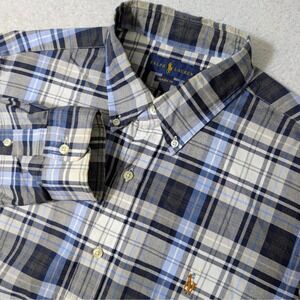 Ralph Lauren Button Down Mens L Blue Plaid Classic Fit L/S Pony Logo Flesh Pony